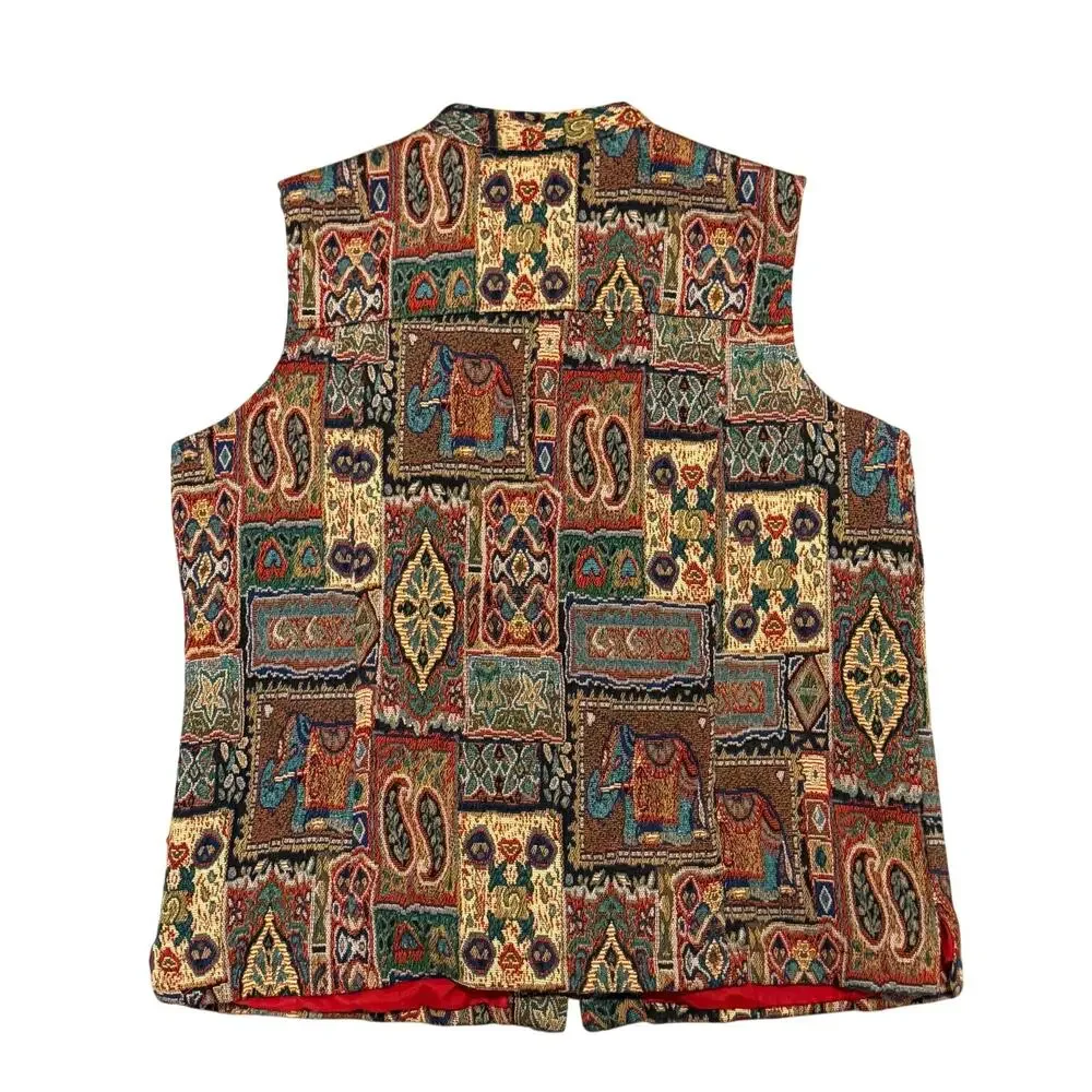Coldwater Creek Tapestry Zip Vest 2X Elephant Tribal Boho Artsy Patchwork Cabin